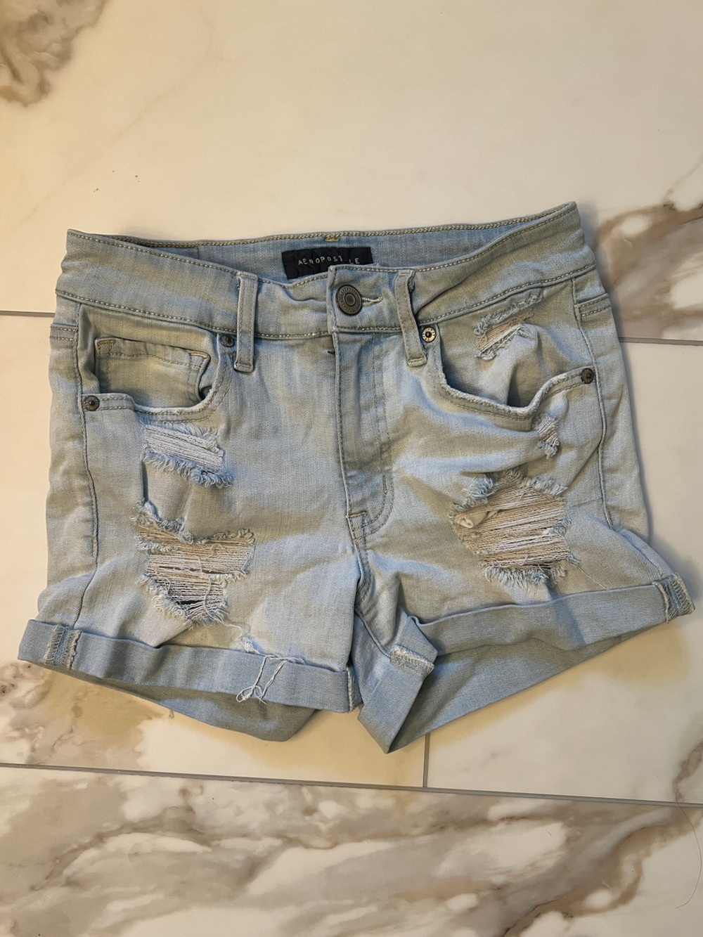 Aeropostale Light Blue Distressed Denim High Rise Midi Jean Shorts Size 2